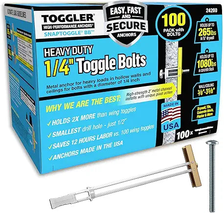 TOGGLER SNAPTOGGLE Drywall Anchors with 1/4-20 x 2.5 in Bolts, 100 Pack | Heavy-duty drywall anchors with 1/4-20 x 2.5 in bolts for hollow wall mounting