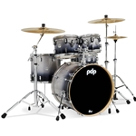 Pacific PDCM2215XX pdp CM5 Concept Maple 5-pc Shell Pack (10/12/16/22/14S) in "Silver to Black Fade" hi-gloss lacquer finish with chrome hardware & double tom holder